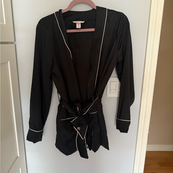 Victoria's Secret Other - Victoria’s Secret Black Satin Robe with White Trim
